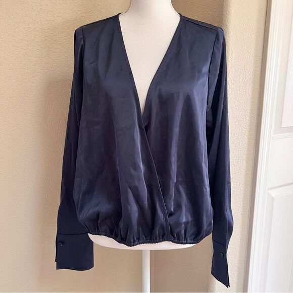 Good American Long Sleeve Washed Satin Wrap Front Blouse Blue XL NEW MSRP $149 - Picture 4 of 8